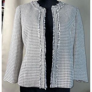 Talbots Blue & Ivory Striped Fringe Trim Blazer Jacket Open Viscose Cotton 4